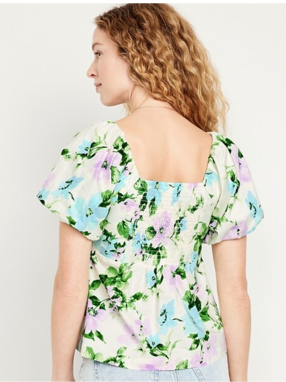 Old Navy Cream Floral Square-Neck Top with Blue and Lavender Blooms